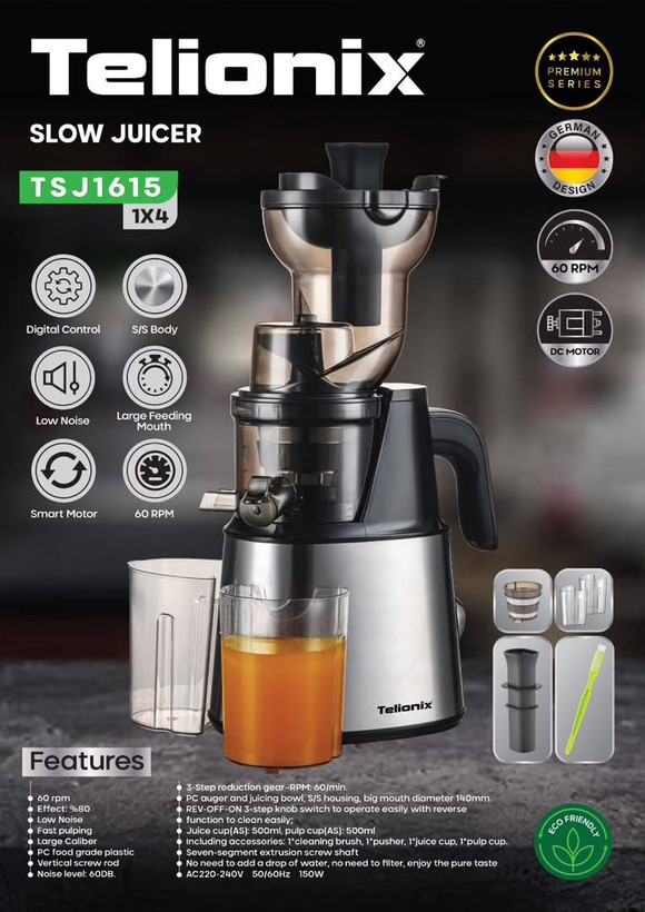 آبمیوهگیر و آبمیوهگیری آرام (Slow Juicer) تلیونکس مدل TSJ1615 موتور DC با دور موتور 60 دور در دقیقه بازدهی آبگیری 80 درصد دهانه بزرگ 140 میلیمتری اورجینال