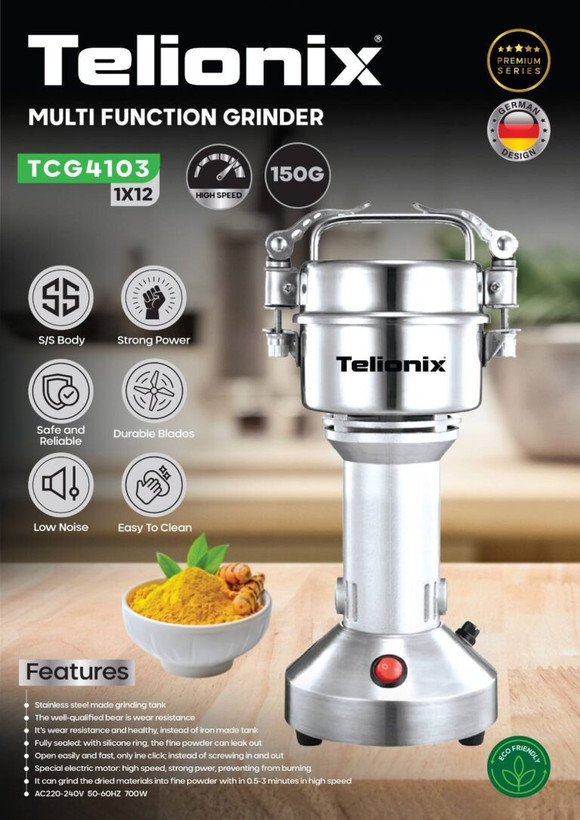 آسیاب صنعتی و عطاری تلیونکس مدل TCG4103 ظرفیت ۱۵۰ گرم توان ۷۰۰ وات تمام استیل با درب ضامنی و تیغه فولادی ضدسایش (اورجینال)