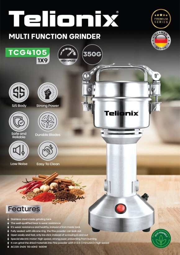آسیاب صنعتی و عطاری تلیونکس مدل TCG4105 ظرفیت ۳۵۰ گرم توان ۱۶۰۰ وات تمام استیل با تیغه فولادی و درب ضامنی (اورجینال)
