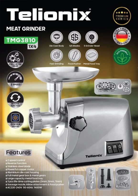 چرخ گوشت تلیونکس مدل TMG3810 با بدنه دایکست آلومینیومی، گیربکس تمام فلزی و موتور مسی ۱۴۰۰ وات (اورجینال)