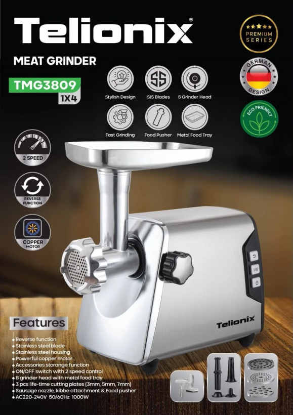 چرخ گوشت تلیونکس مدل TMG3809 تمام استیل با موتور مسی ۱۰۰۰ وات (اورجینال)
