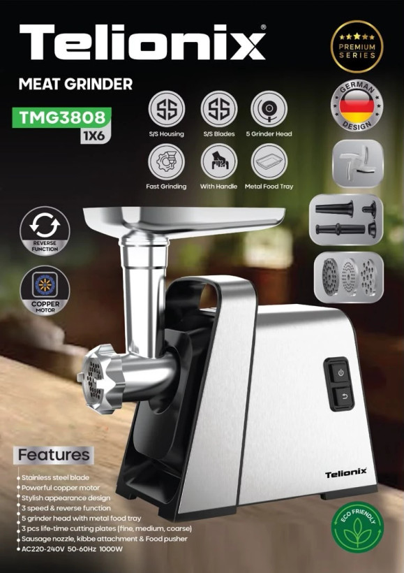 چرخ گوشت تلیونکس مدل TMG3808 تمام استیل با موتور مسی ۱۰۰۰ وات (اورجینال)