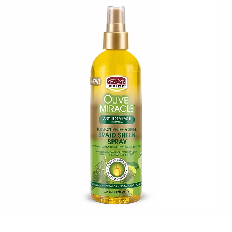 اسپری براق‌کننده و تسکین‌ دهنده آفریکن پراید African Pride مدل Braid Sheen Spray حاوی روغن زیتون و درخت چای ۳۵۵ میلی‌لیتر (اورجینال)
