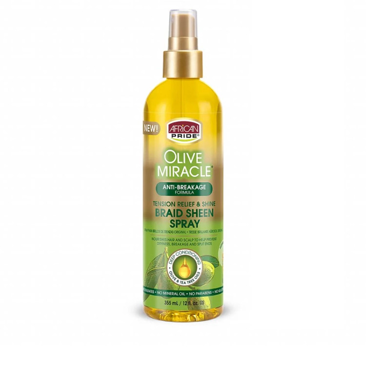 اسپری براقکننده و تسکین دهنده آفریکن پراید African Pride مدل Braid Sheen Spray حاوی روغن زیتون و درخت چای ۳۵۵ میلیلیتر (اورجینال)