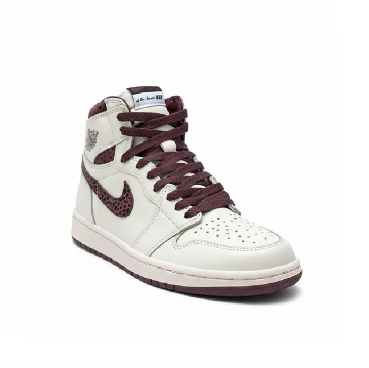 کفش وارداتی کتانی مردانه Nike Air Jordan 1 High Animal Print Cream Burgundy جردن وان های کرم پلنگی