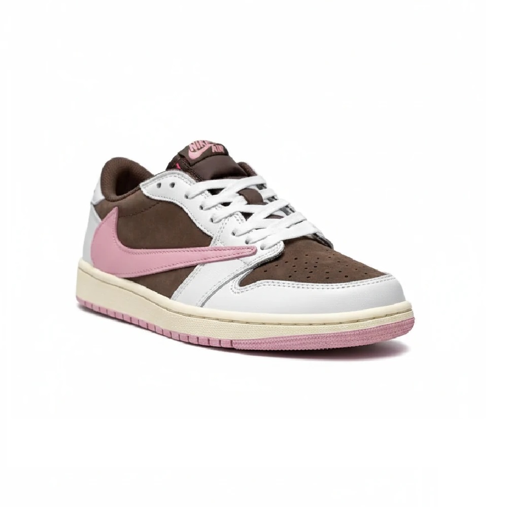 کفش وارداتی کتانی زنانه طرح Air Jordan Low سفید قهوه‌ای صورتی